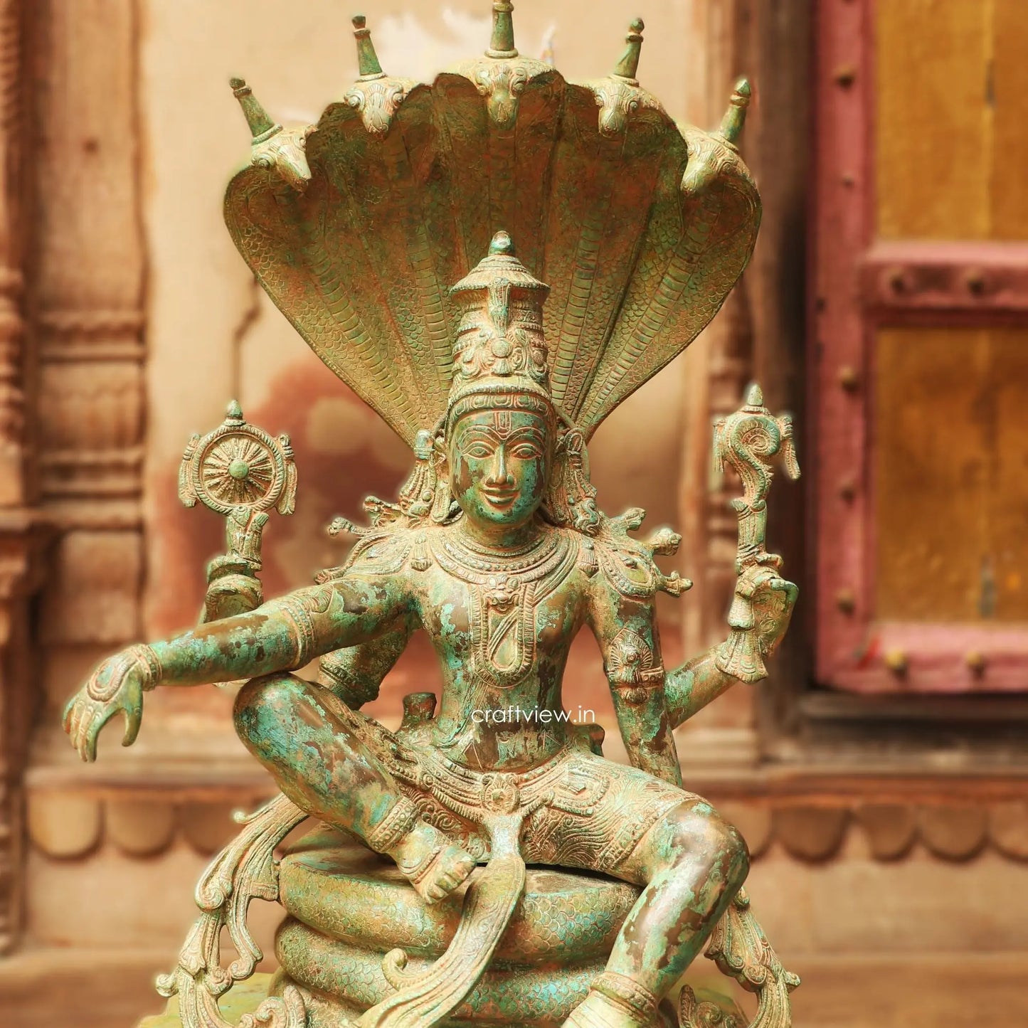 Brass Vintage Lord Vishnu Sculpture with Shesh Naag 28" craftsview