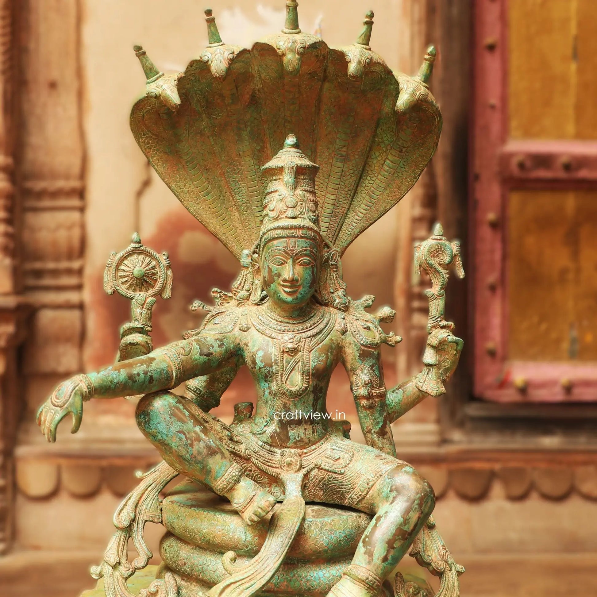 Brass Vintage Lord Vishnu Sculpture with Shesh Naag 28" craftsview