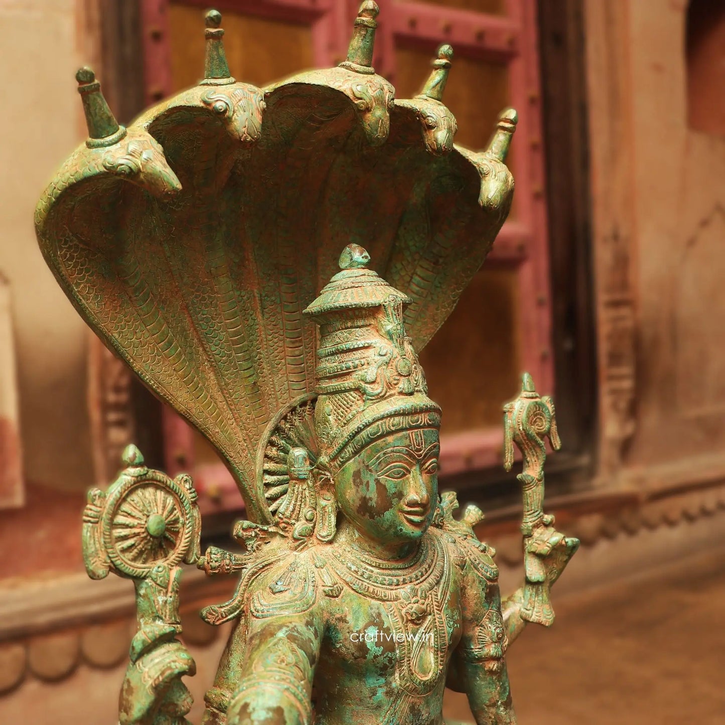 Brass Vintage Lord Vishnu Sculpture with Shesh Naag 28" craftsview