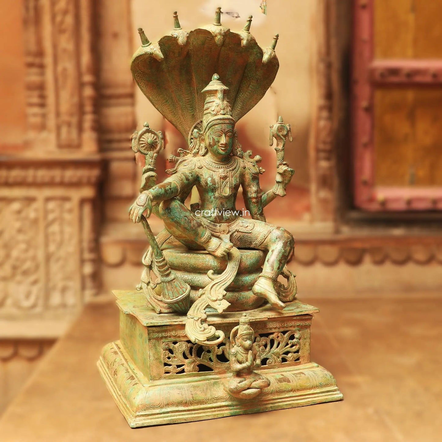 Brass Vintage Lord Vishnu Sculpture with Shesh Naag 28" craftsview