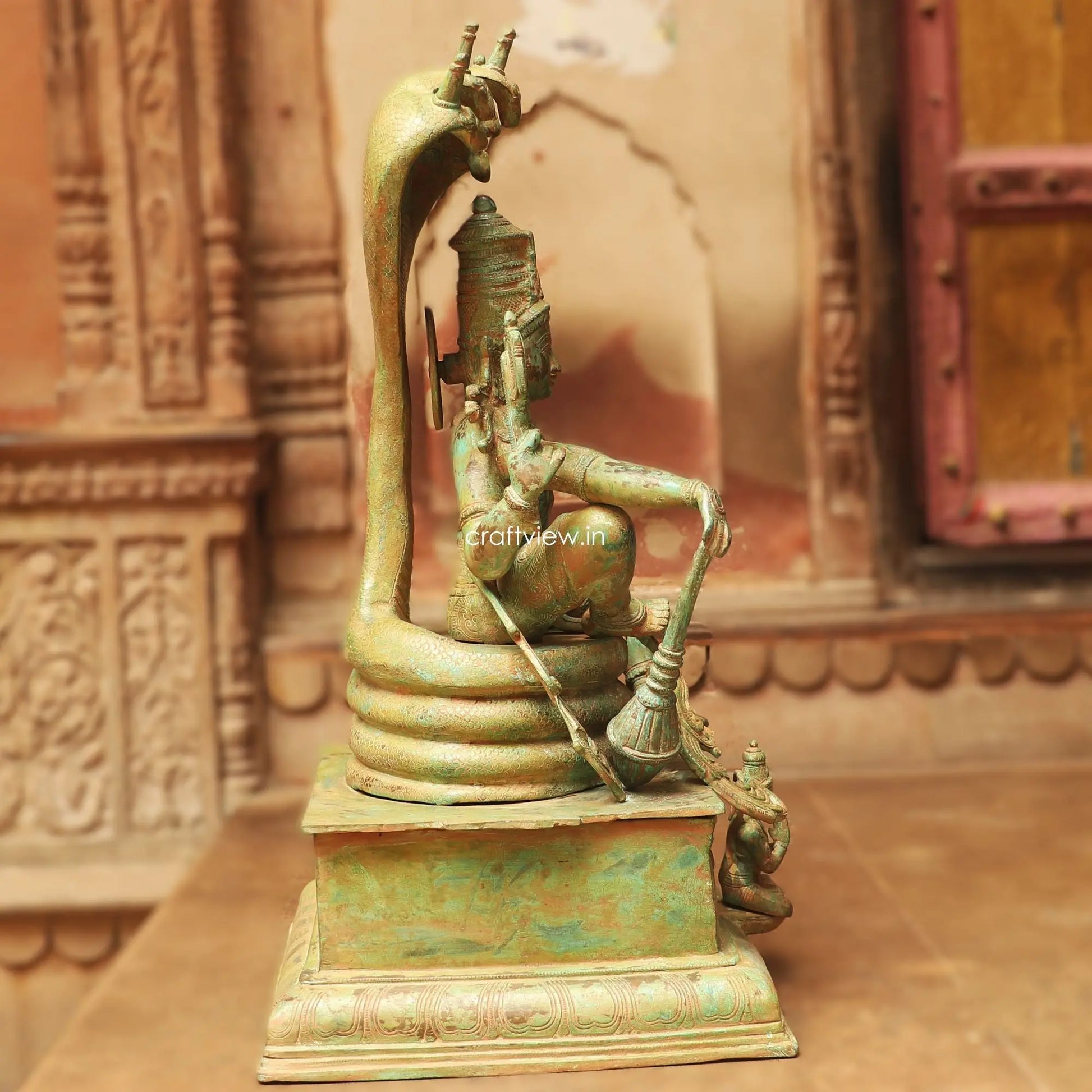 Brass Vintage Lord Vishnu Sculpture with Shesh Naag 28" craftsview