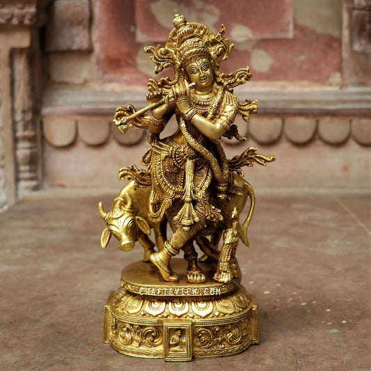 Brass Krishna Statue With cow craftsview