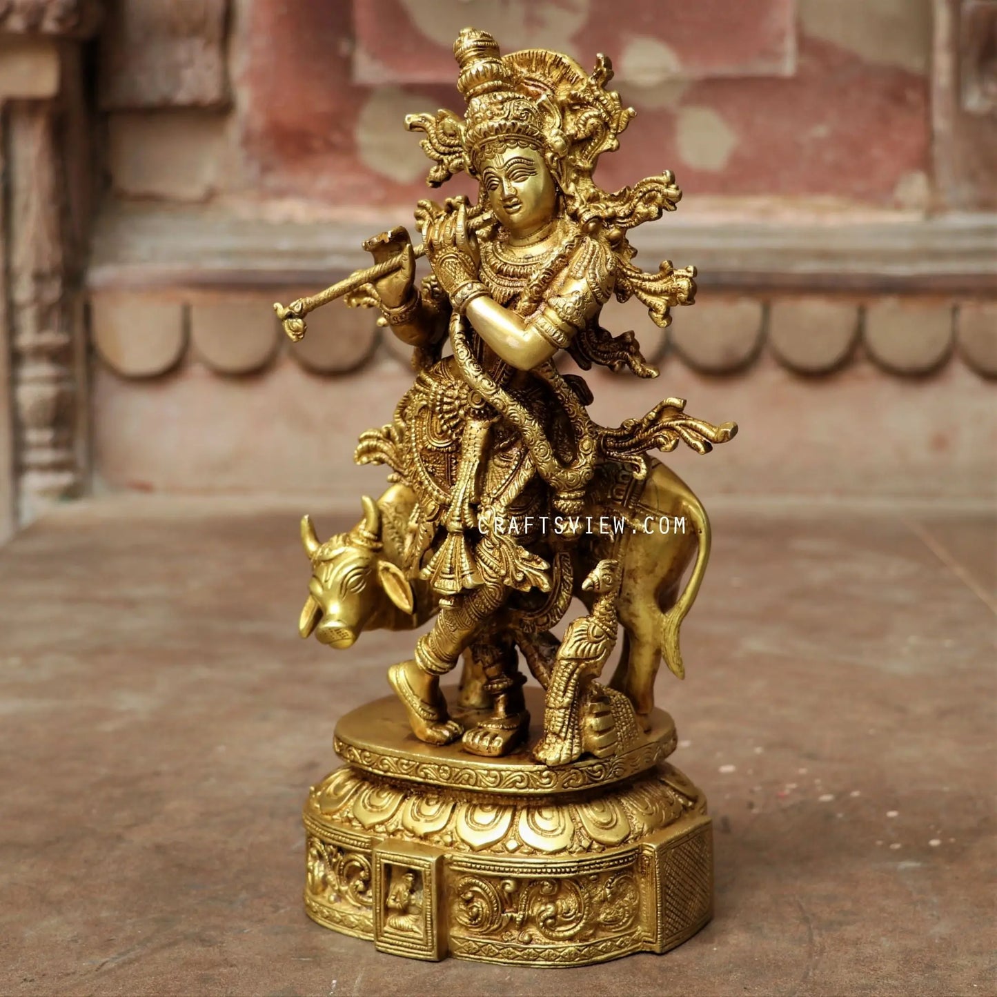 Brass Krishna Statue With cow craftsview