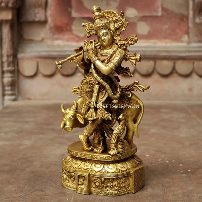 Brass Krishna Statue With cow craftsview