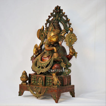 Brass Ganesh Statue Sitting On Sinhansan 27" craftsview