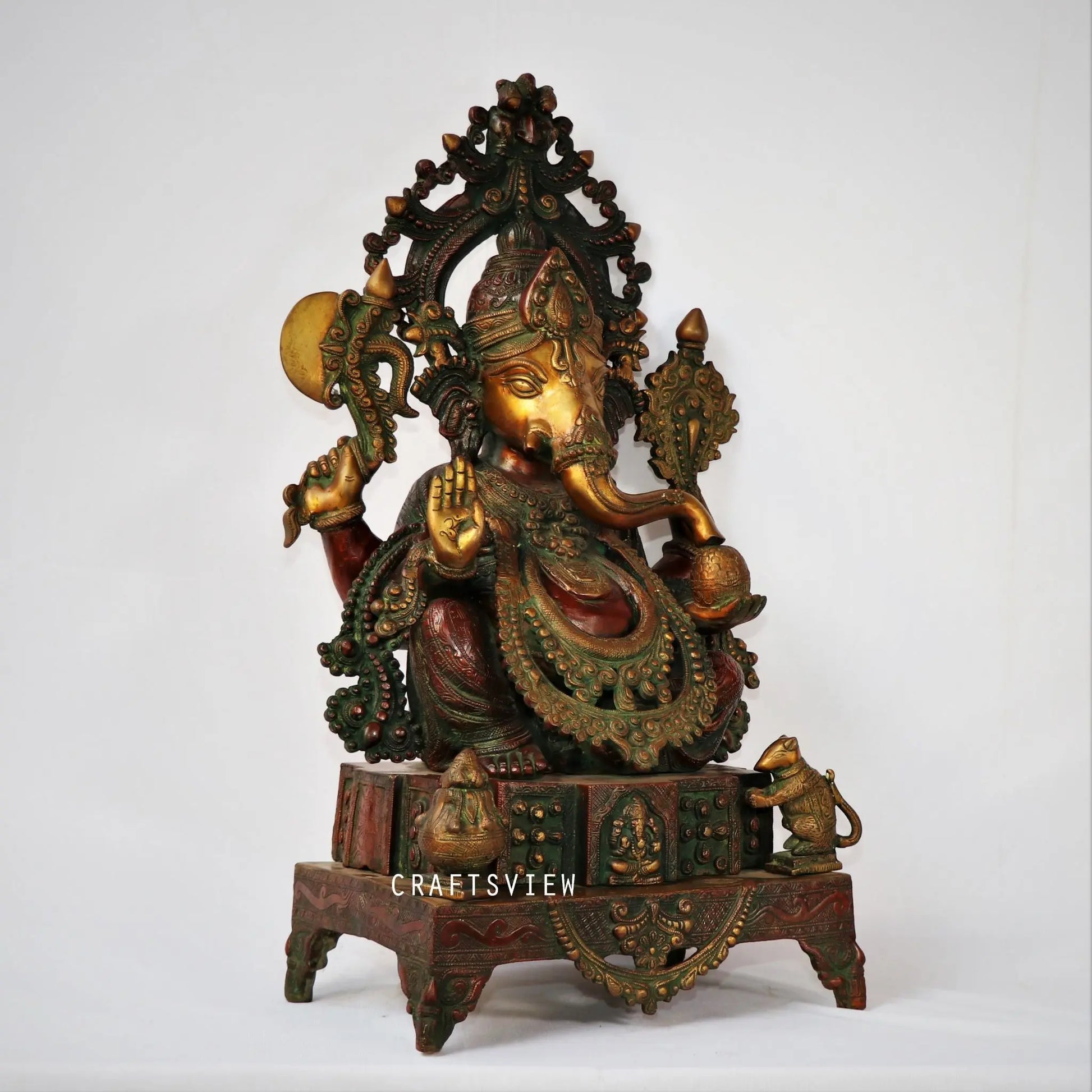 Brass Ganesh Statue Sitting On Sinhansan 27" craftsview