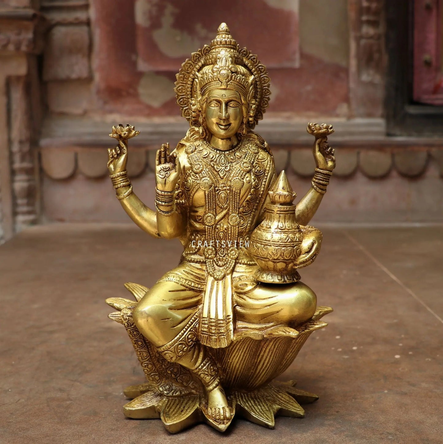 Brass Lakshmi statue sited on Lotus 12" craftsview