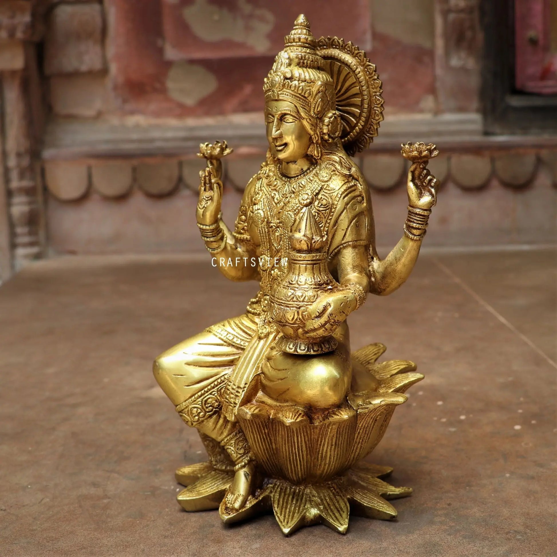 Brass Lakshmi statue sited on Lotus 12" craftsview