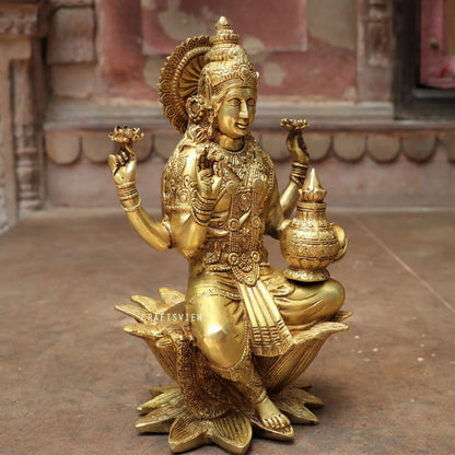 Brass Lakshmi statue sited on Lotus 12" craftsview