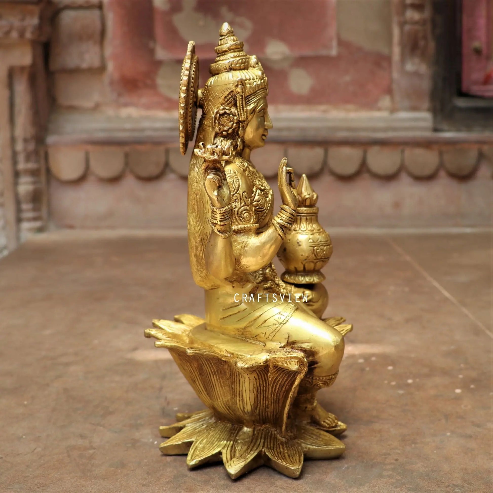 Brass Lakshmi statue sited on Lotus 12" craftsview