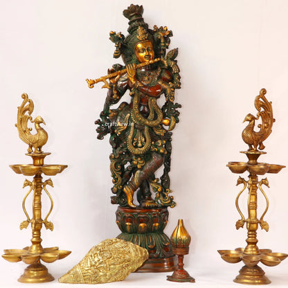 Exquisite Lord Krishna Brass Sculpture Vintage Finished craftsview