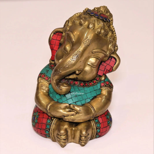 8.5" Brass Baby Ganesh Statue with Stone Work Craftsview