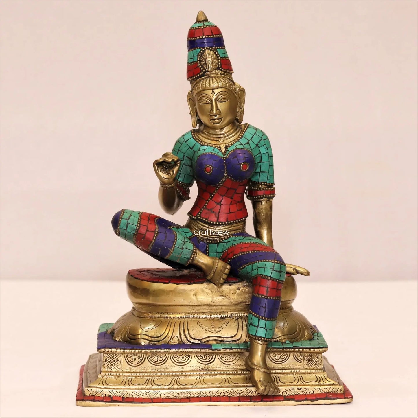 Brass Sitting Parvati Statue with Stone Work 14" craftsview