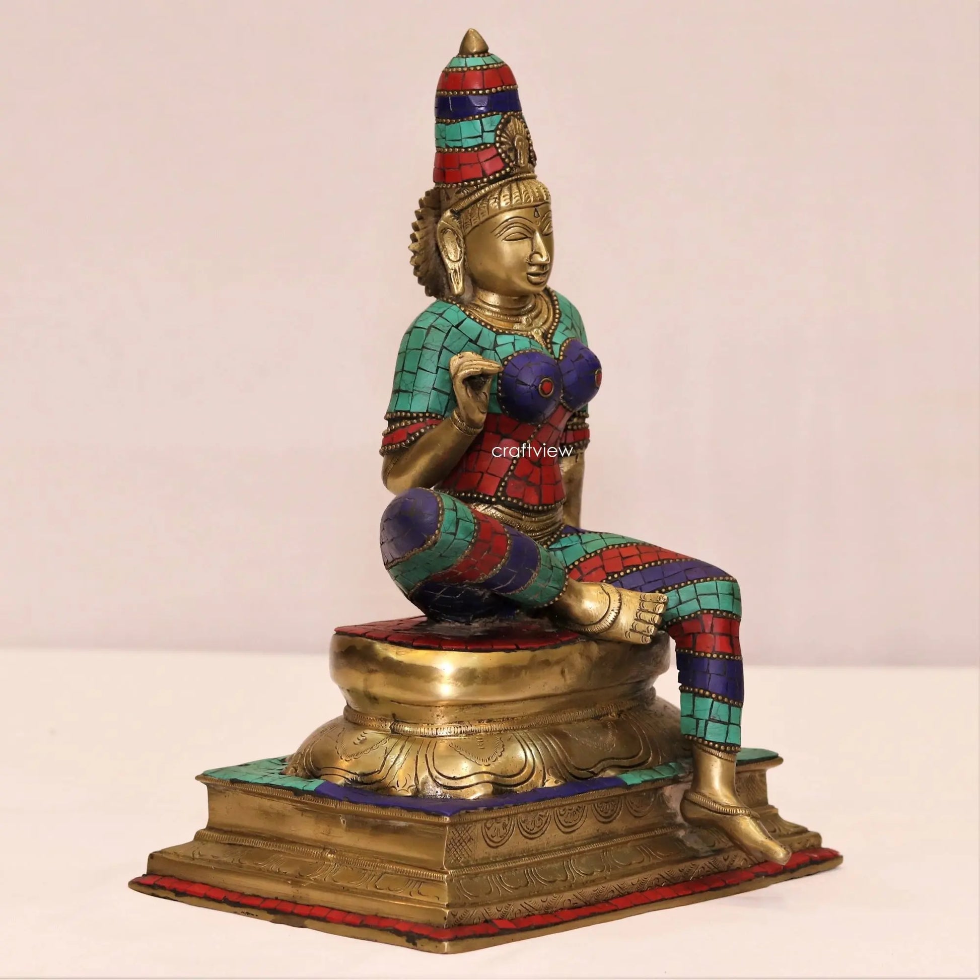 Brass Sitting Parvati Statue with Stone Work 14" craftsview