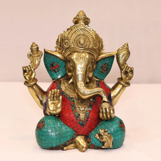 Brass Lord Ganesh Statue with Stone Work 12" Craftsview