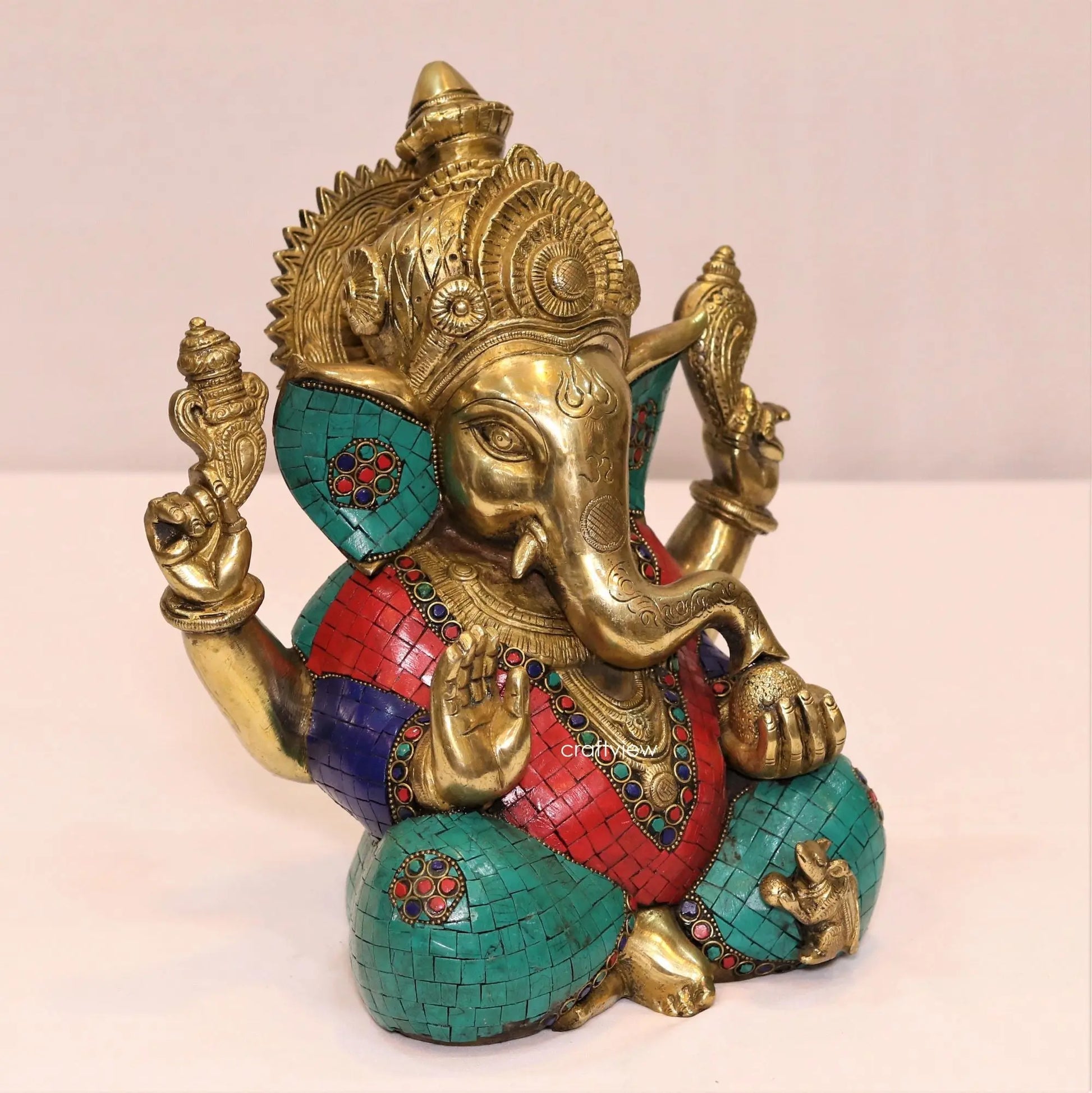 Brass Lord Ganesh Statue with Stone Work 12" Craftsview