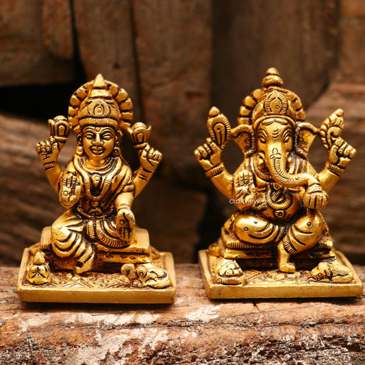 3" Brass Ganesh Lakshmi Statue Fine Quality Craftsview