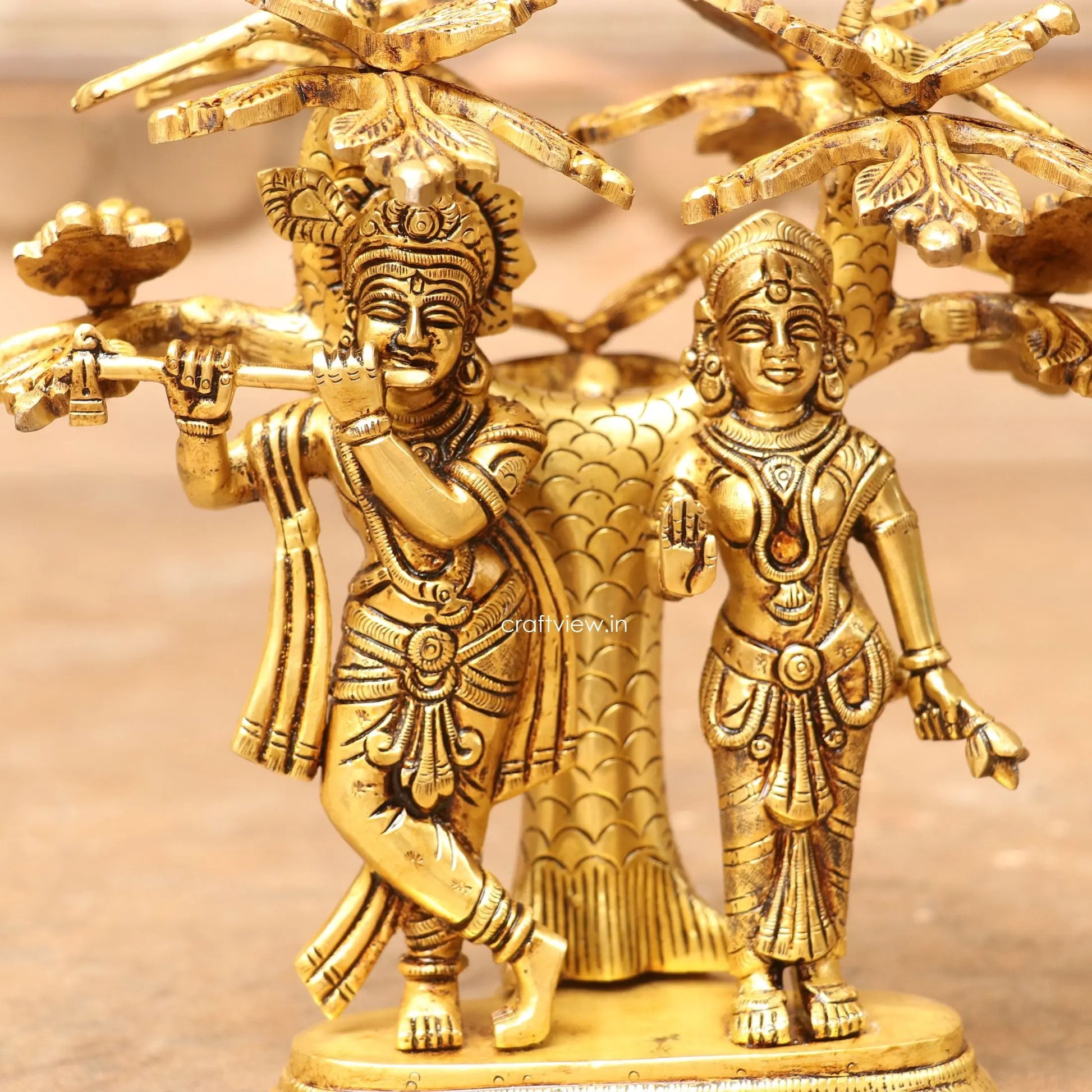 9" Brass Radha Krishna Statue With Tree Craftsview