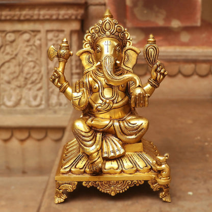 Brass superfine Lord Ganesha Statue Sitting on Base 13" Craftsview