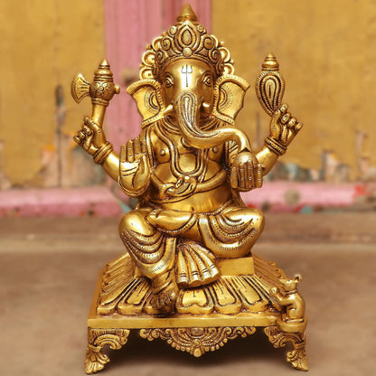 Brass superfine Lord Ganesha Statue Sitting on Base 13" Craftsview