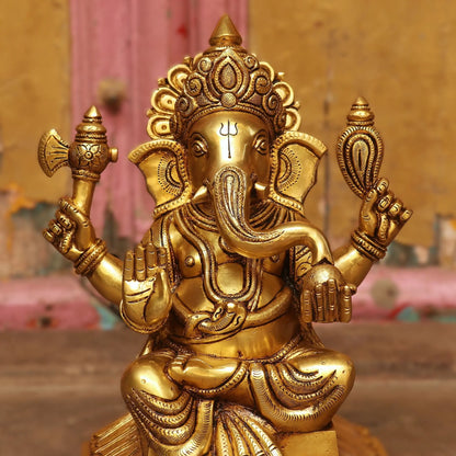 Brass superfine Lord Ganesha Statue Sitting on Base 13" Craftsview