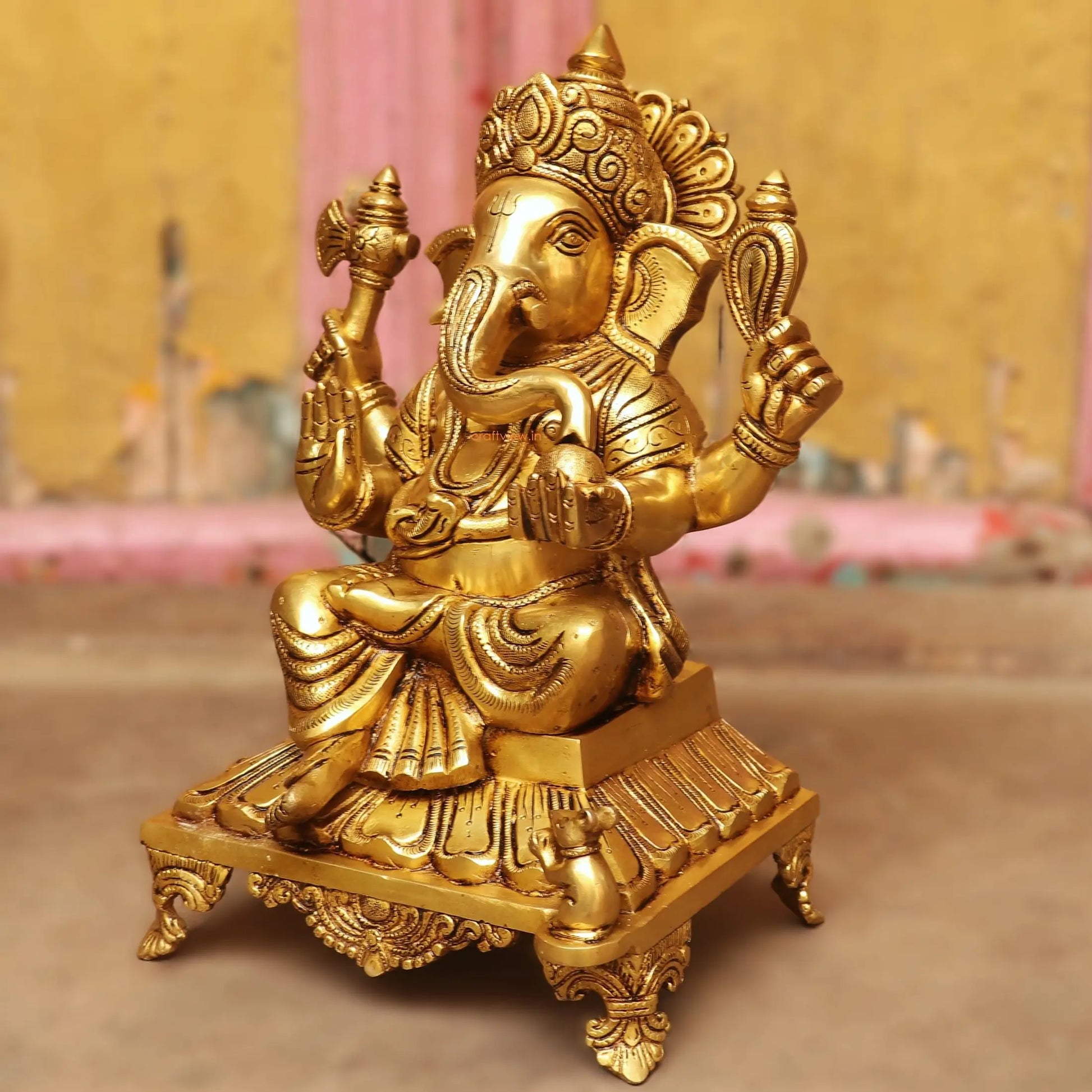 Brass superfine Lord Ganesha Statue Sitting on Base 13" Craftsview