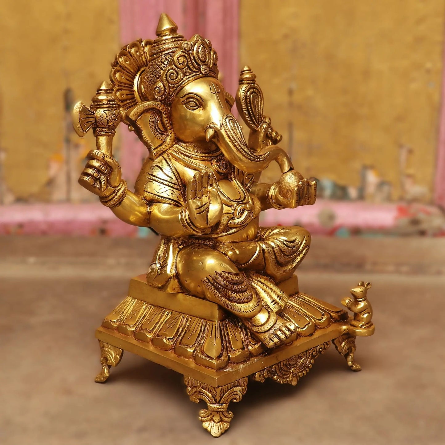 Brass superfine Lord Ganesha Statue Sitting on Base 13" Craftsview