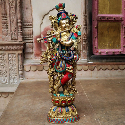 Brass Krishna Statue Stone Work craftsview