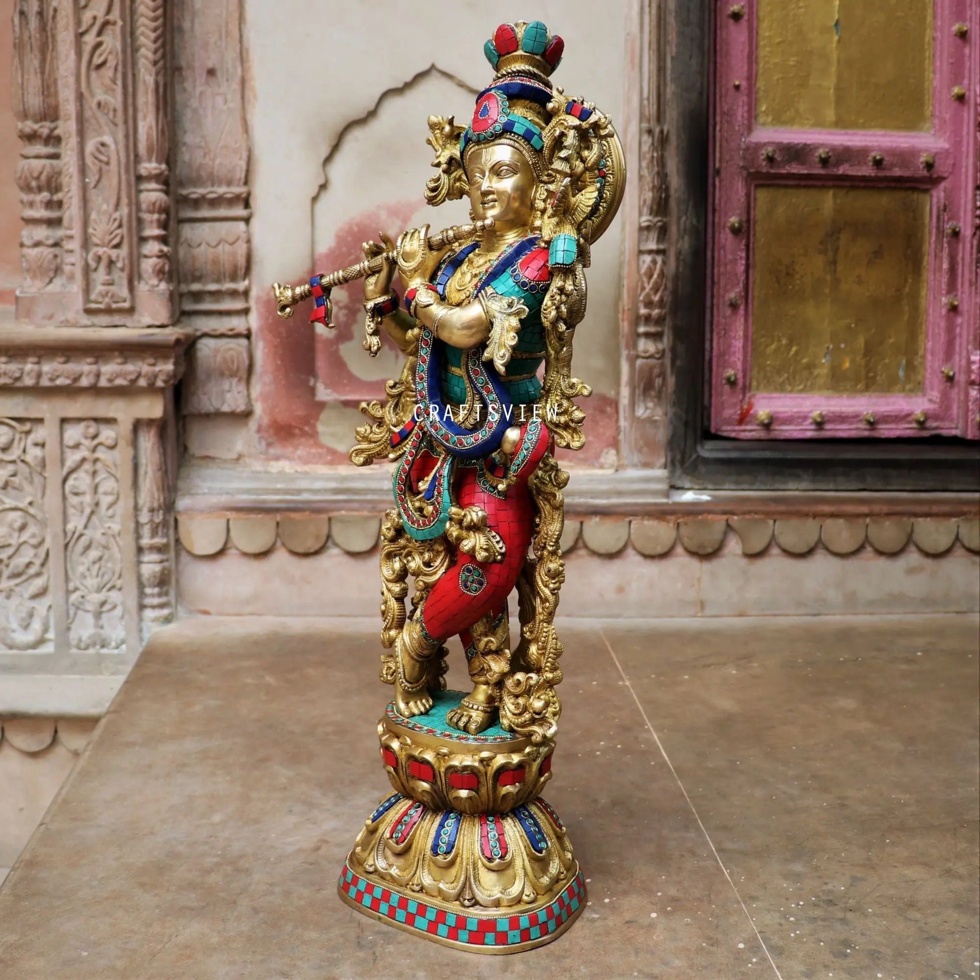 Brass Krishna Statue Stone Work craftsview