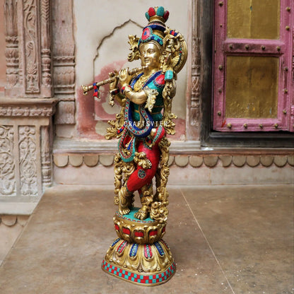 Brass Krishna Statue Stone Work craftsview