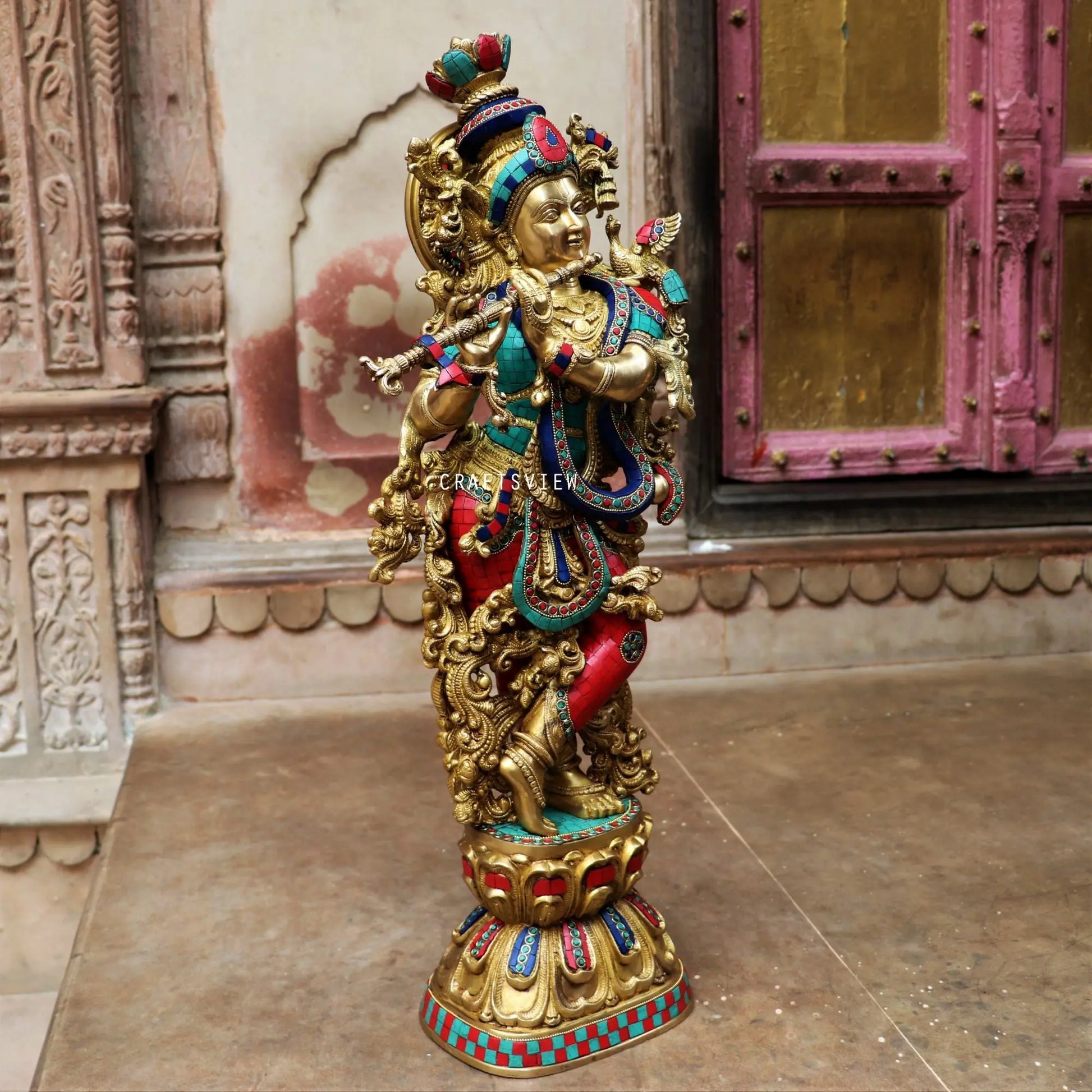 Brass Krishna Statue Stone Work craftsview