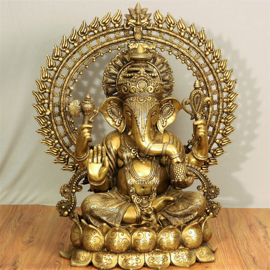 Brass Prabhavali Lord Ganesha Sited on lotus base 26" craftsview