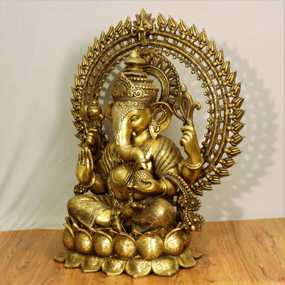 Brass Prabhavali Lord Ganesha Sited on lotus base 26" craftsview