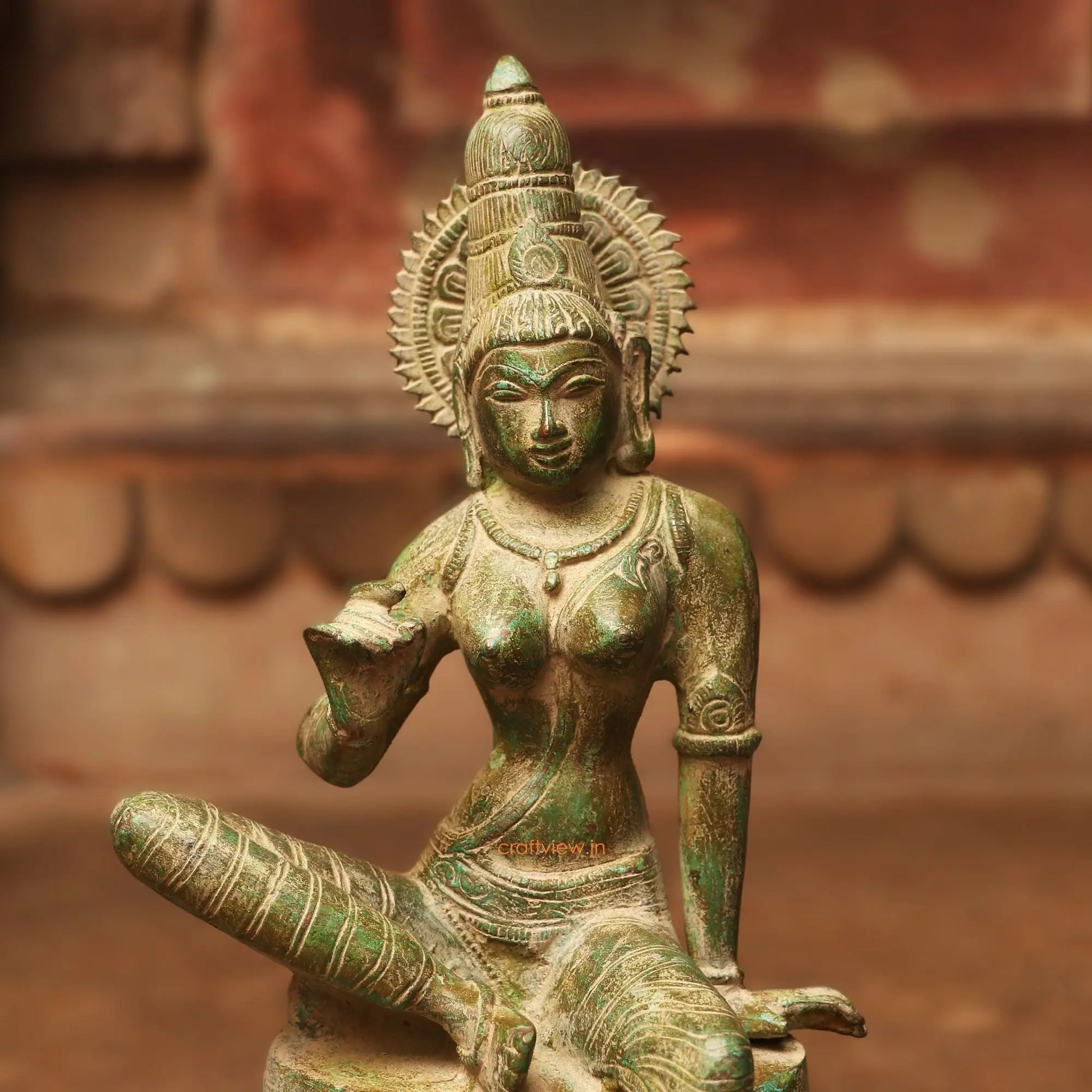 Brass Sitting Parvati Statue Vintage Green 12.5" Craftsview