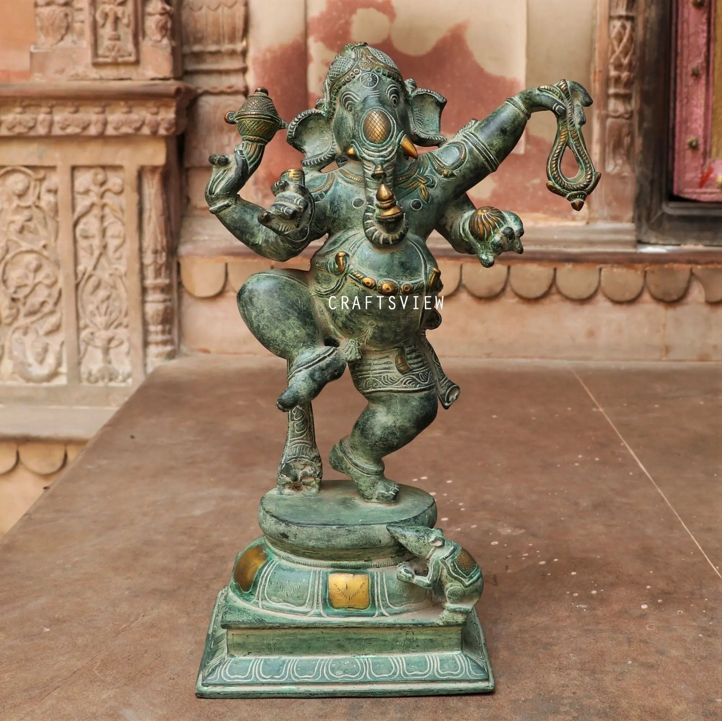 Brass Dancing Ganesh Statue Vintage Green Gold craftsview