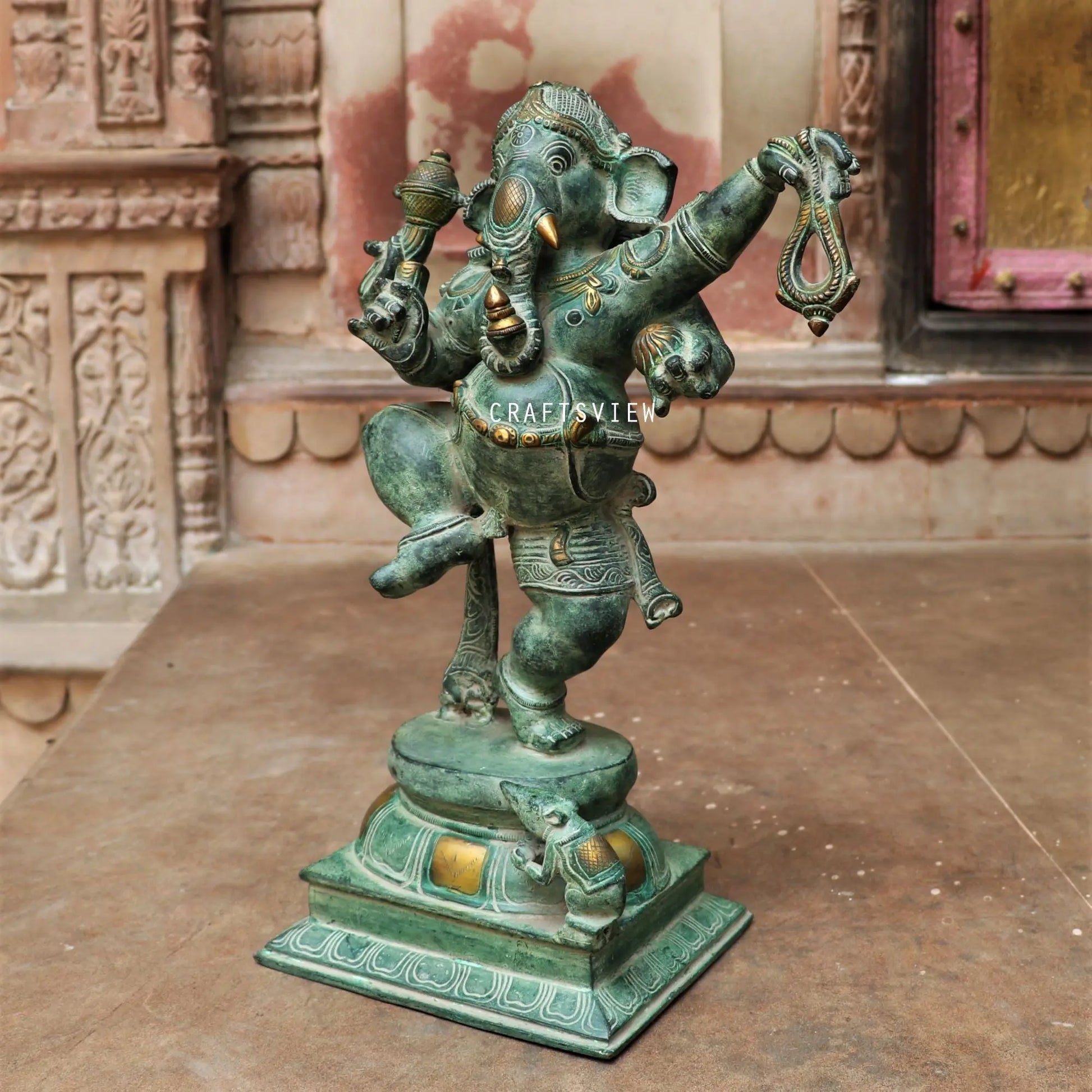 Brass Dancing Ganesh Statue Vintage Green Gold craftsview