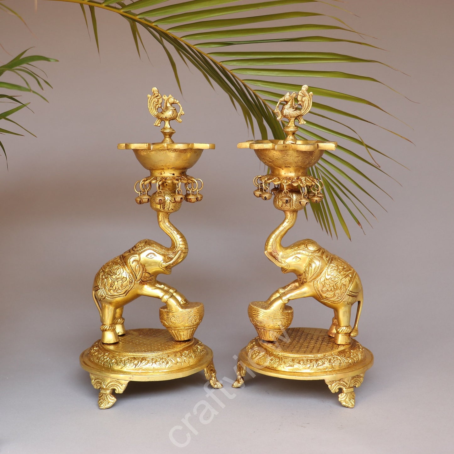 Brass Pair of Elephants with Oil Lamp 18"