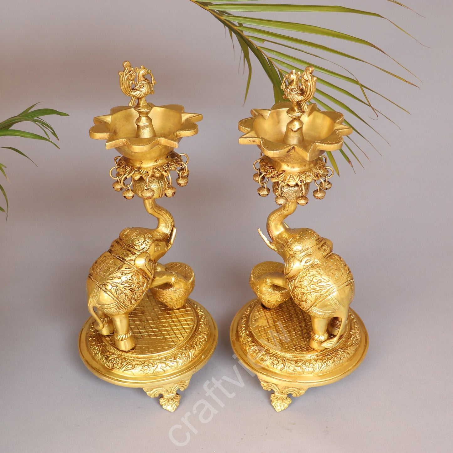 Brass Pair of Elephants with Oil Lamp 18"