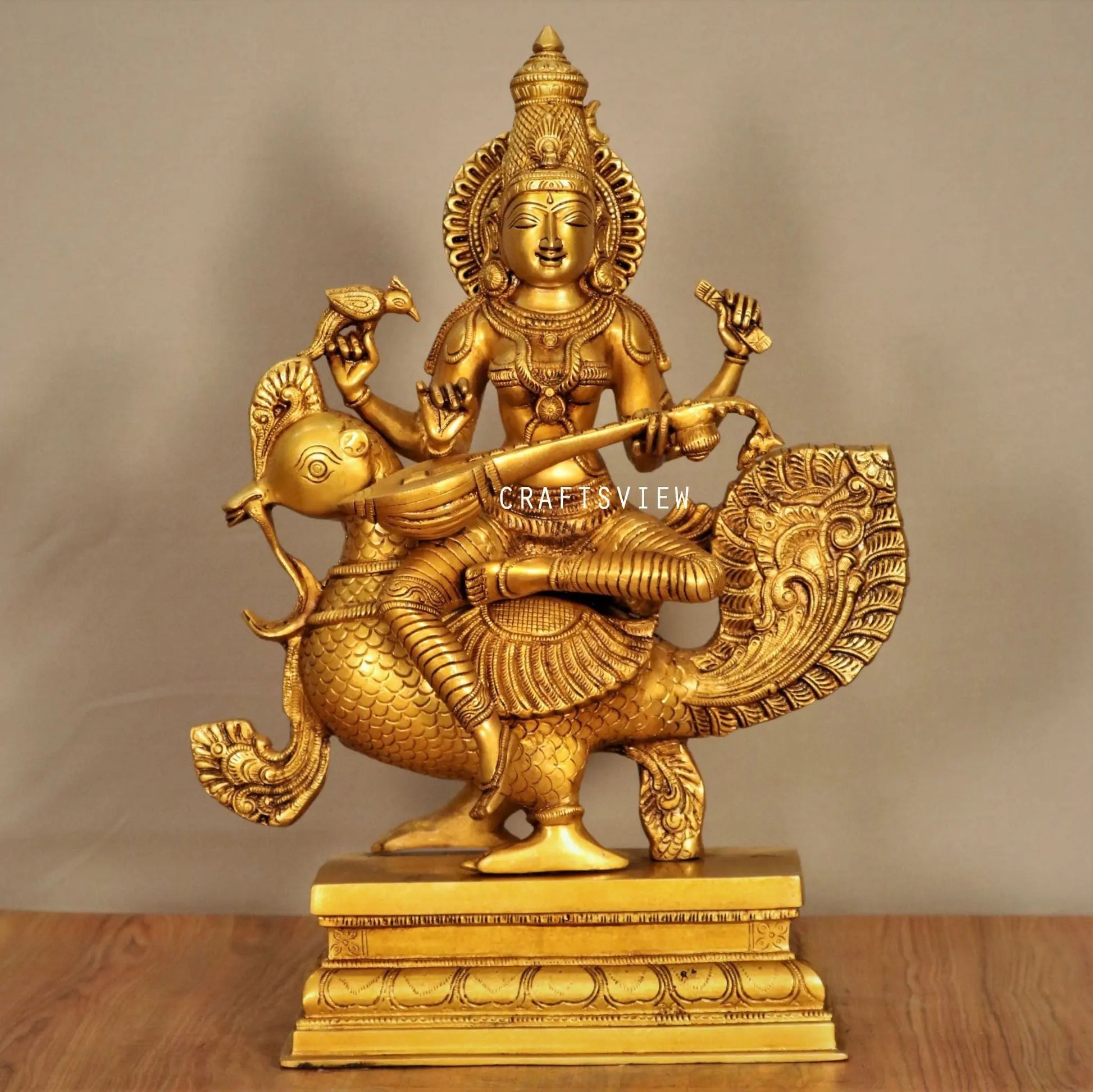 Brass Sarasvati Chola Sculpture Sitting On Peacock craftsview