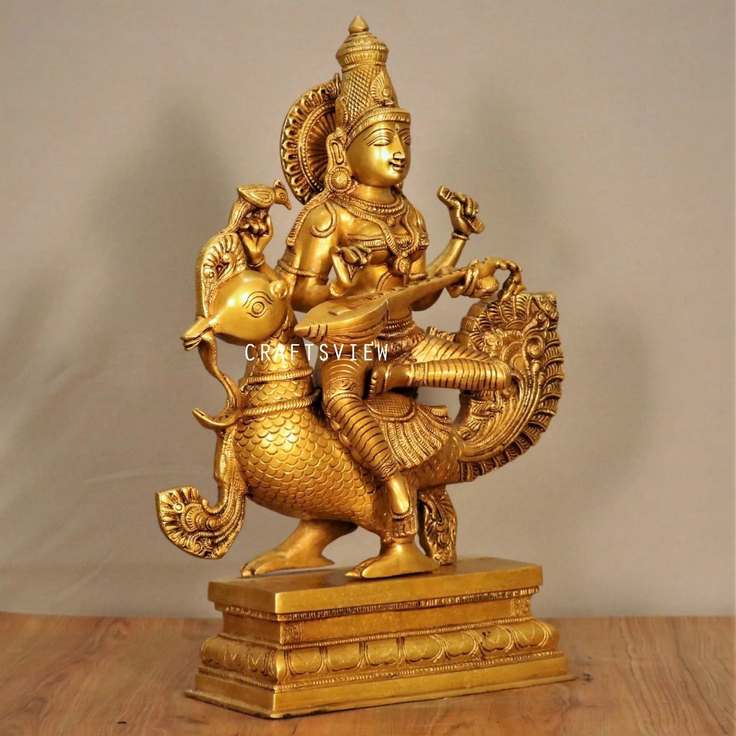 Brass Sarasvati Chola Sculpture Sitting On Peacock craftsview