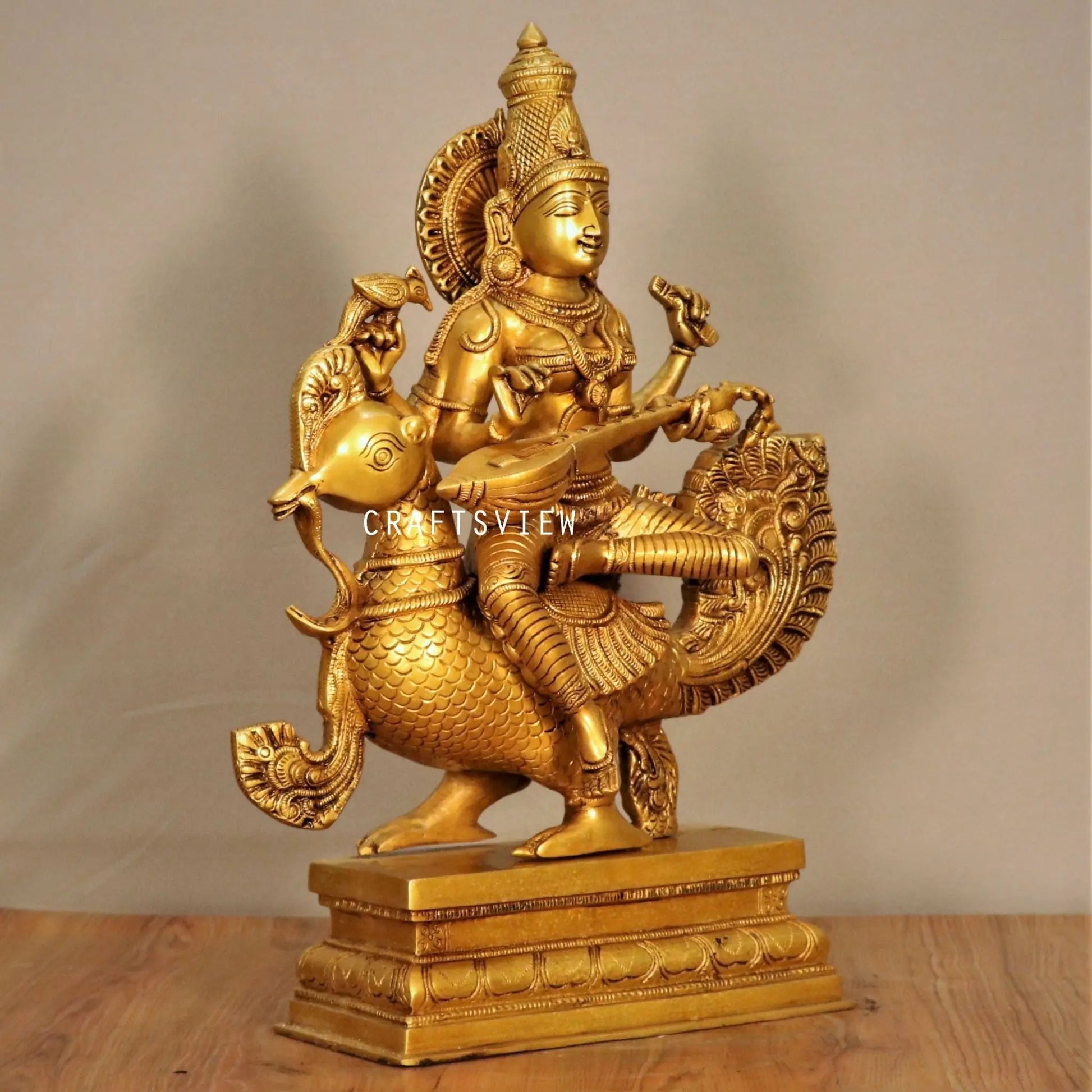 Brass Sarasvati Chola Sculpture Sitting On Peacock craftsview