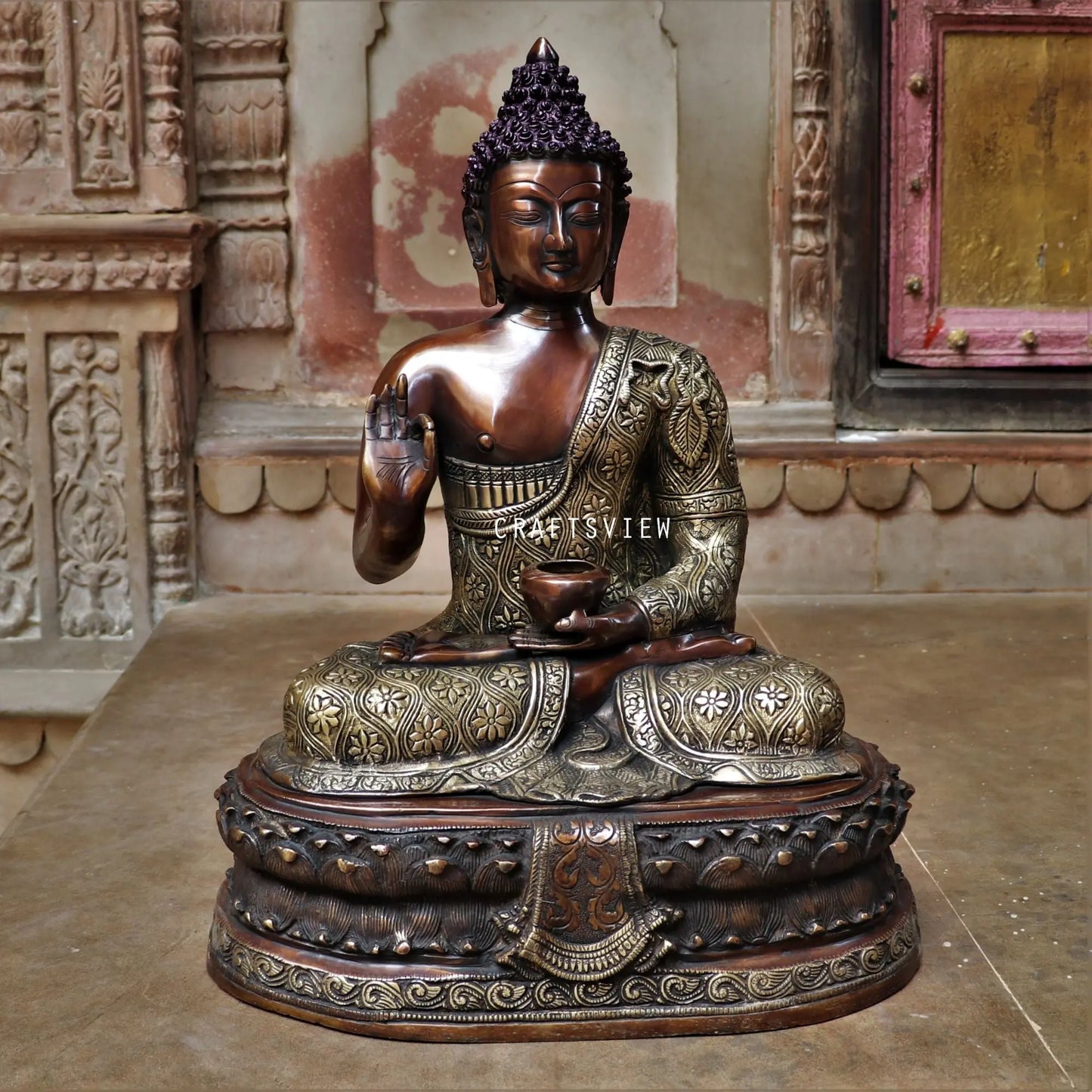 Brass Buddha Sculpture 22" Superfine Carving craftsview