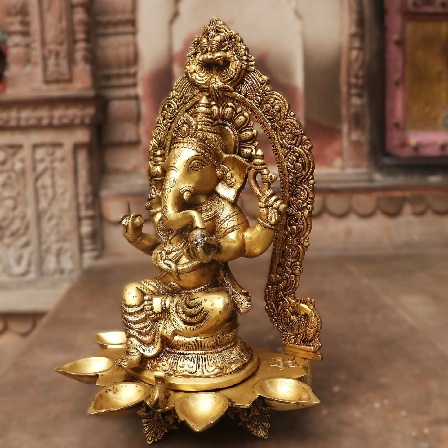 18" Brass Lord Prabhavali Ganesha Statue with 5 Oil Wick Craftsview