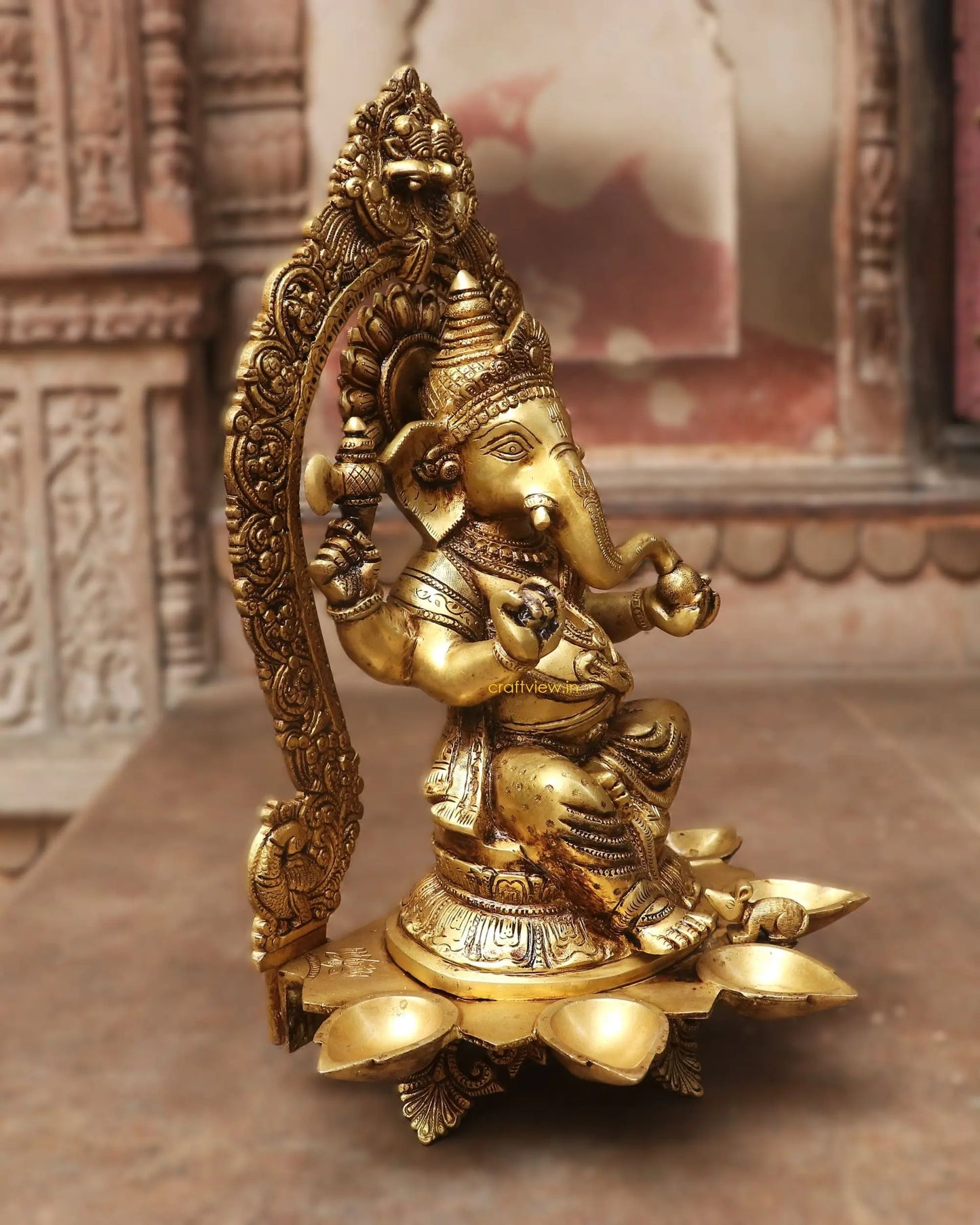 18" Brass Lord Prabhavali Ganesha Statue with 5 Oil Wick Craftsview