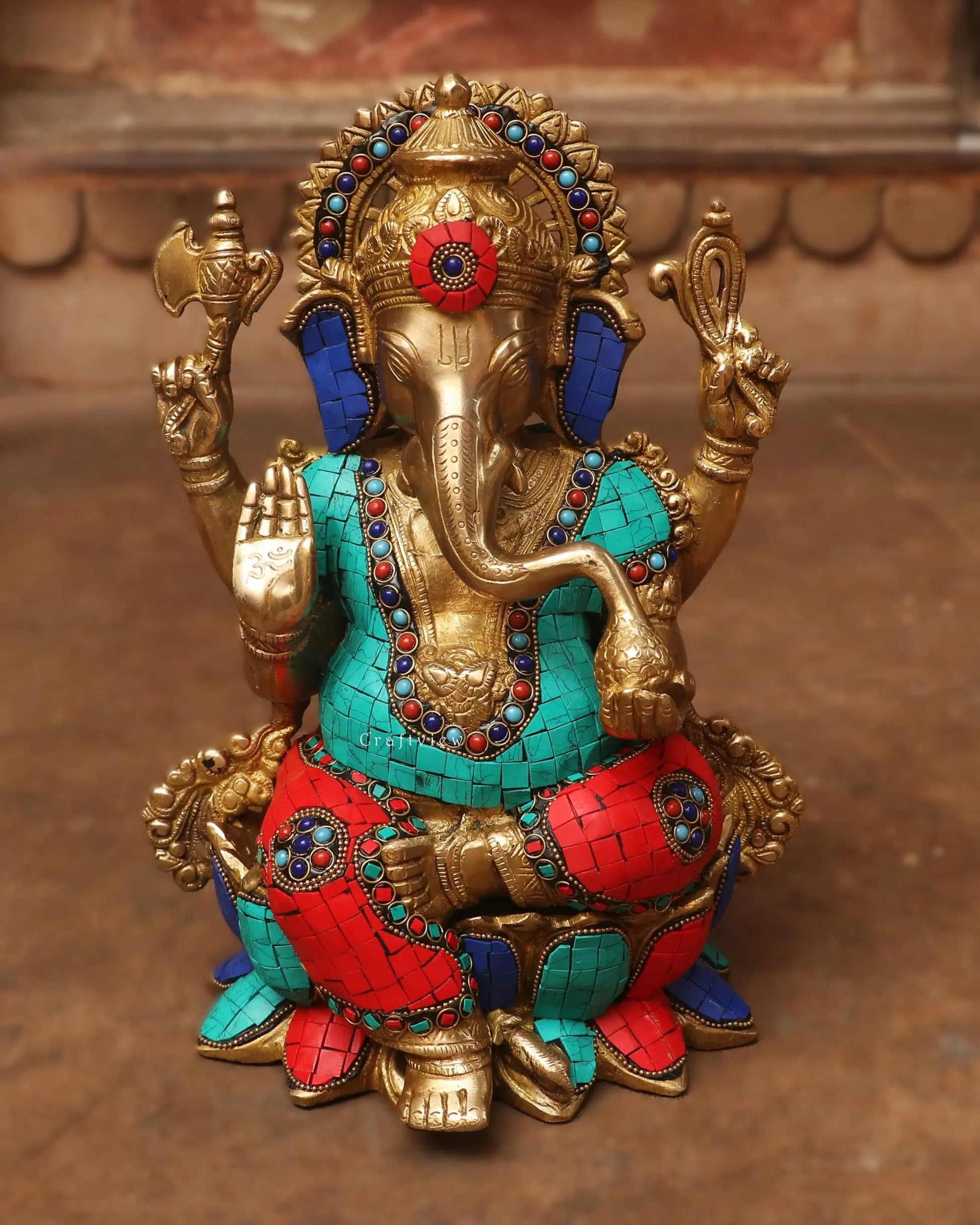 Brass Ganesh Statue with Stone Work 12" Craftsview