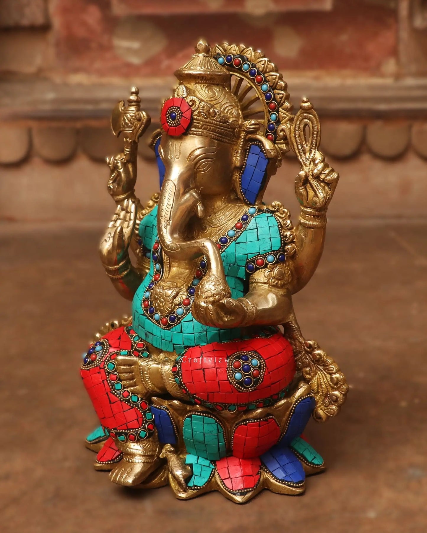 Brass Ganesh Statue with Stone Work 12" Craftsview