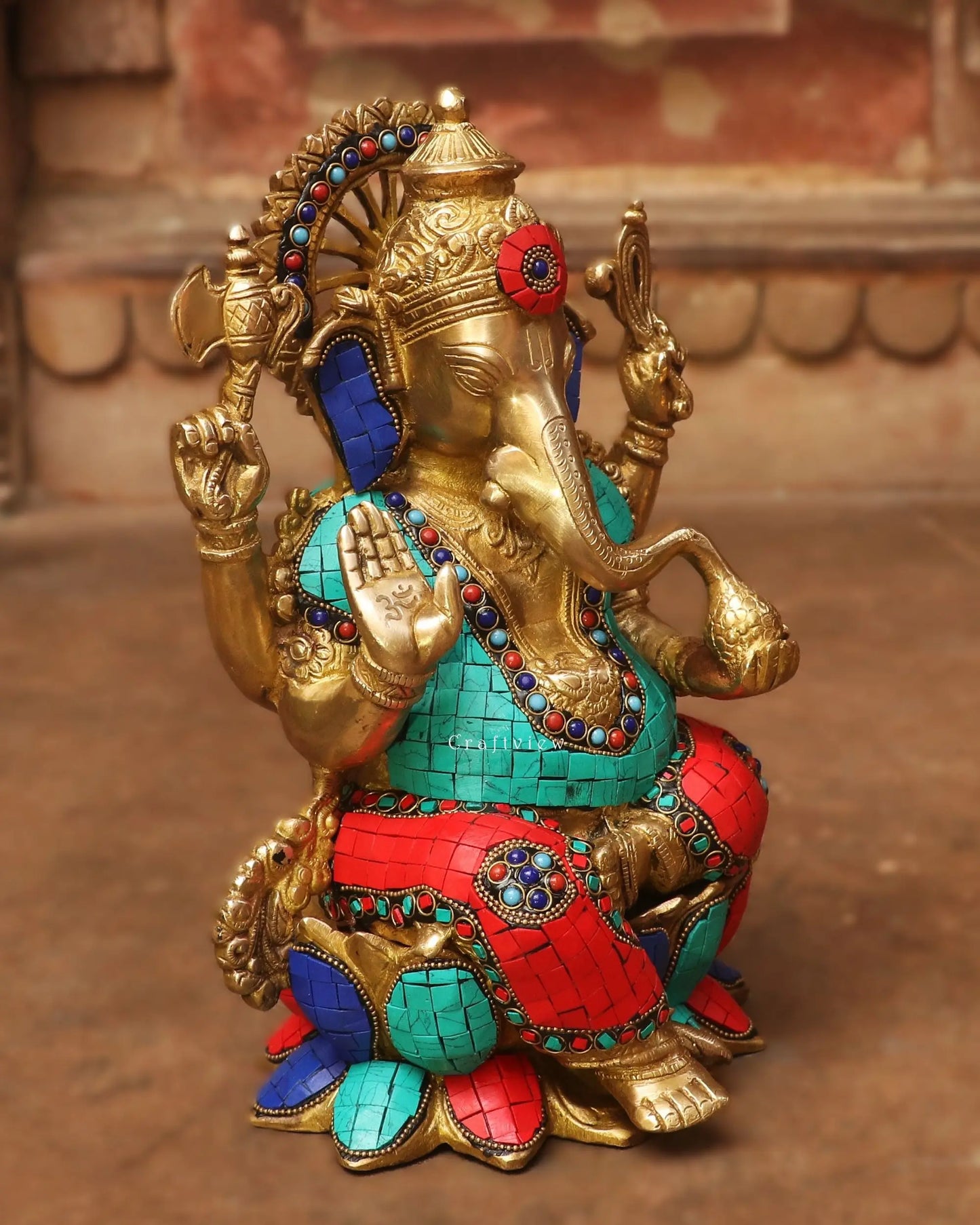 Brass Ganesh Statue with Stone Work 12" Craftsview