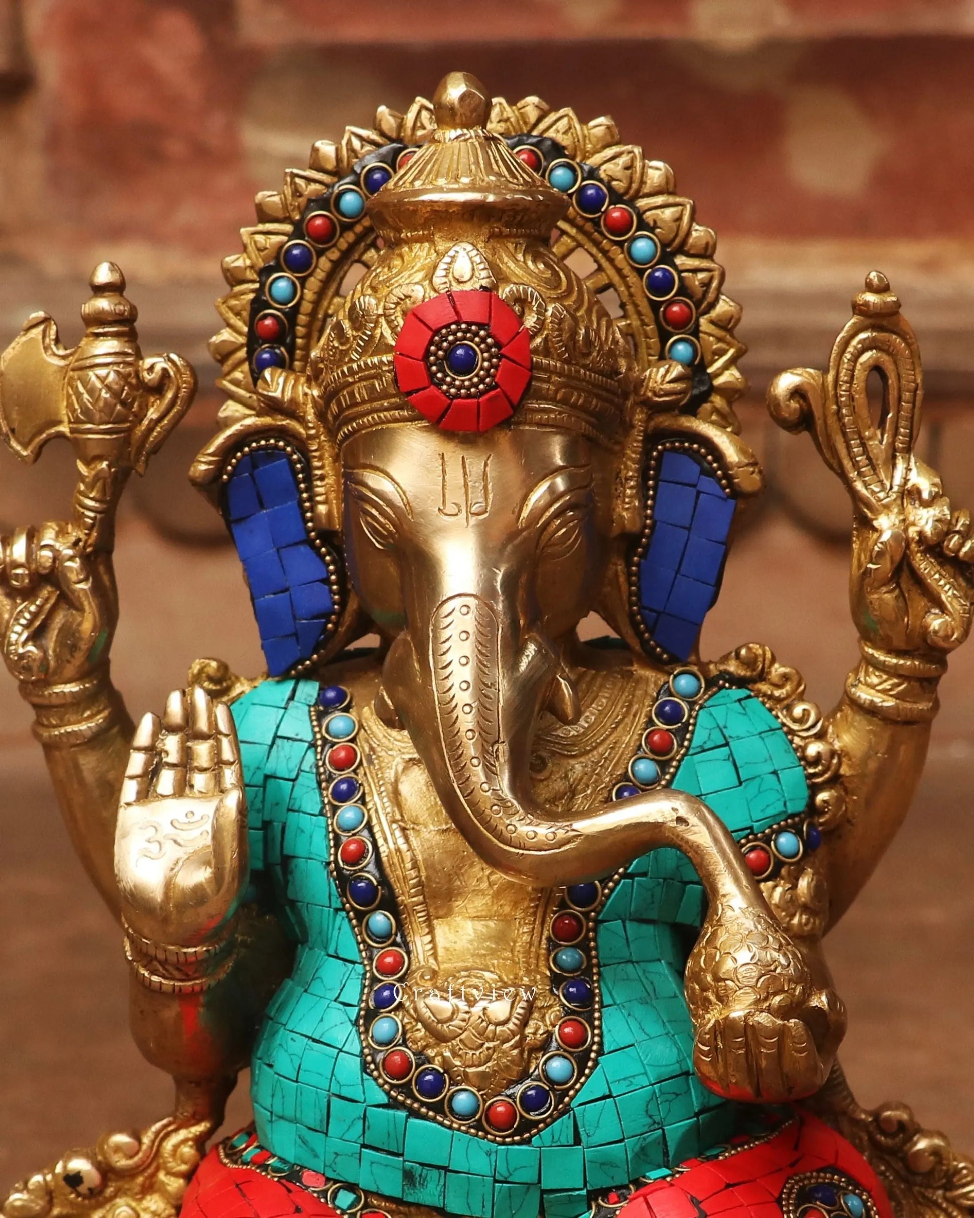 Brass Ganesh Statue with Stone Work 12" Craftsview