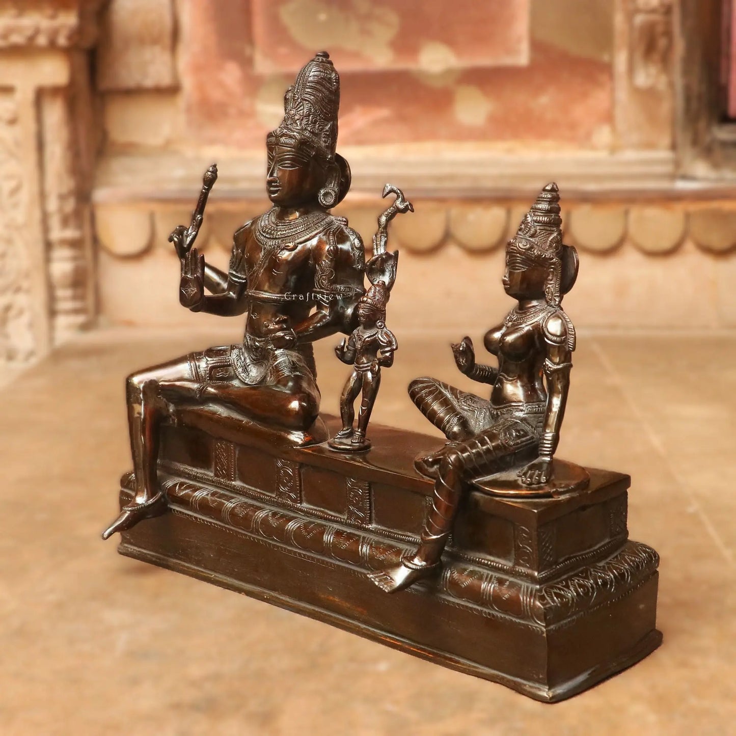 Brass Vishnu Lakshmi Sculpture Vintage Brown Finish 13" Craftsview