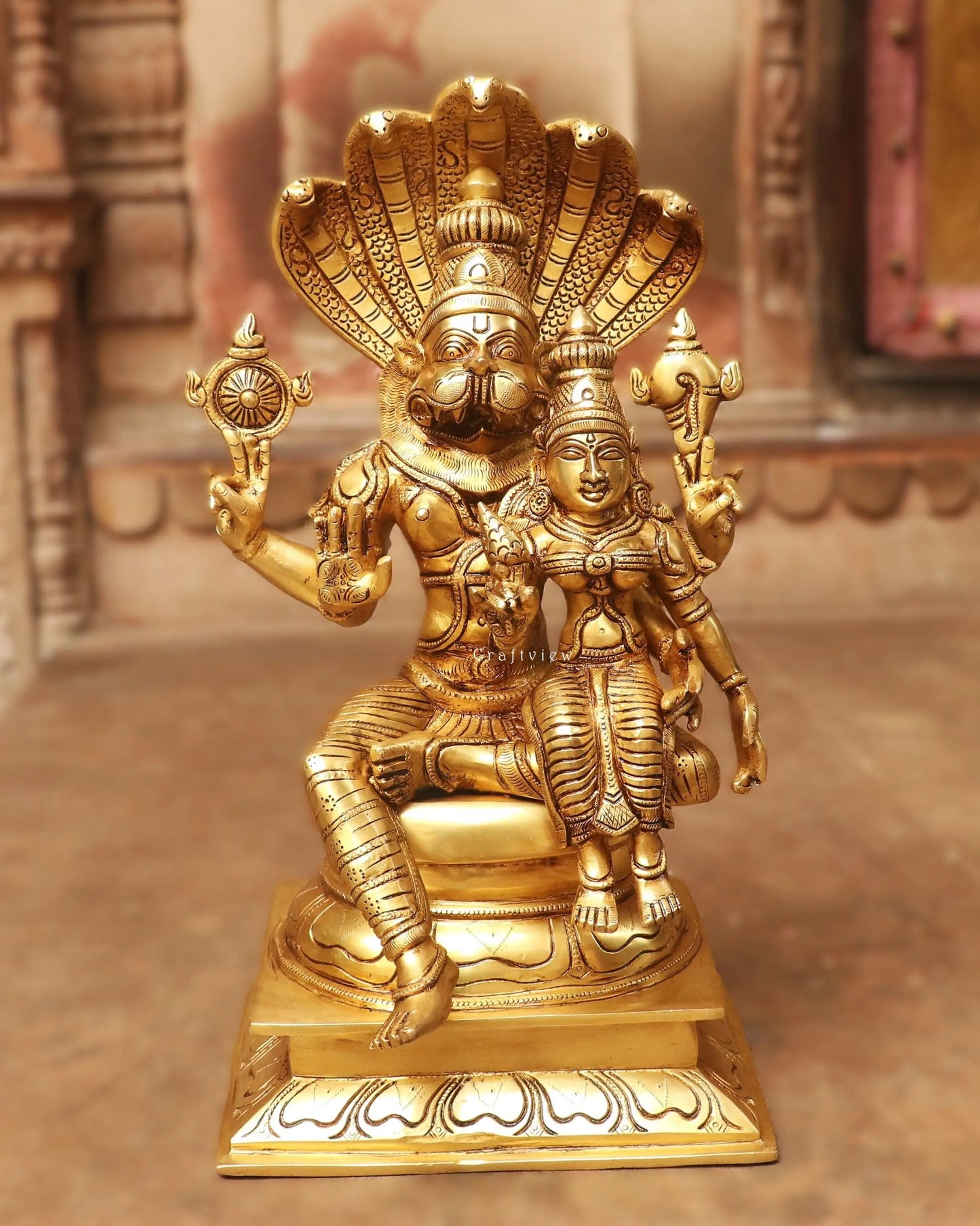 Brass Vishnu ( Narsimha ) Lakshmi Sculpture Gold Finish 17" Craftsview